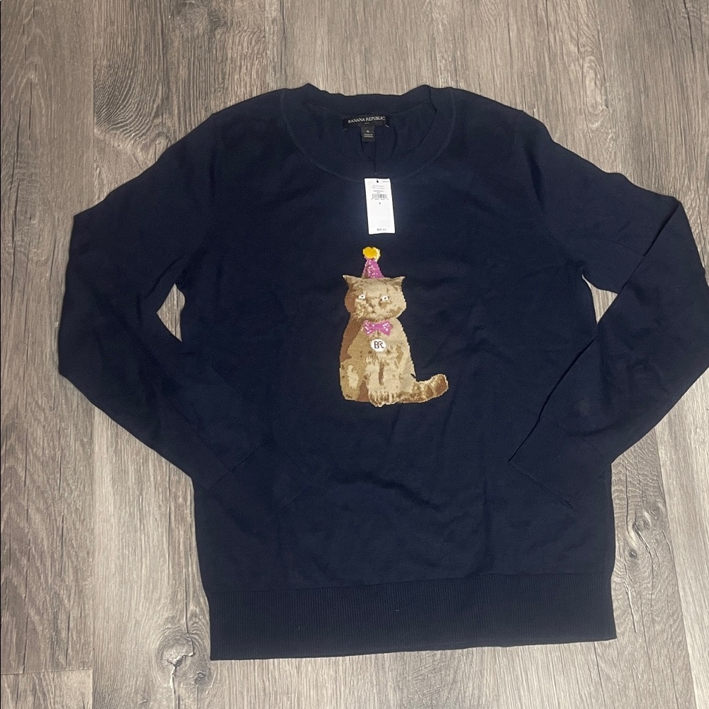Banana Republic Navy Blue Long Sleeve Sweater with Sequin Party Cat